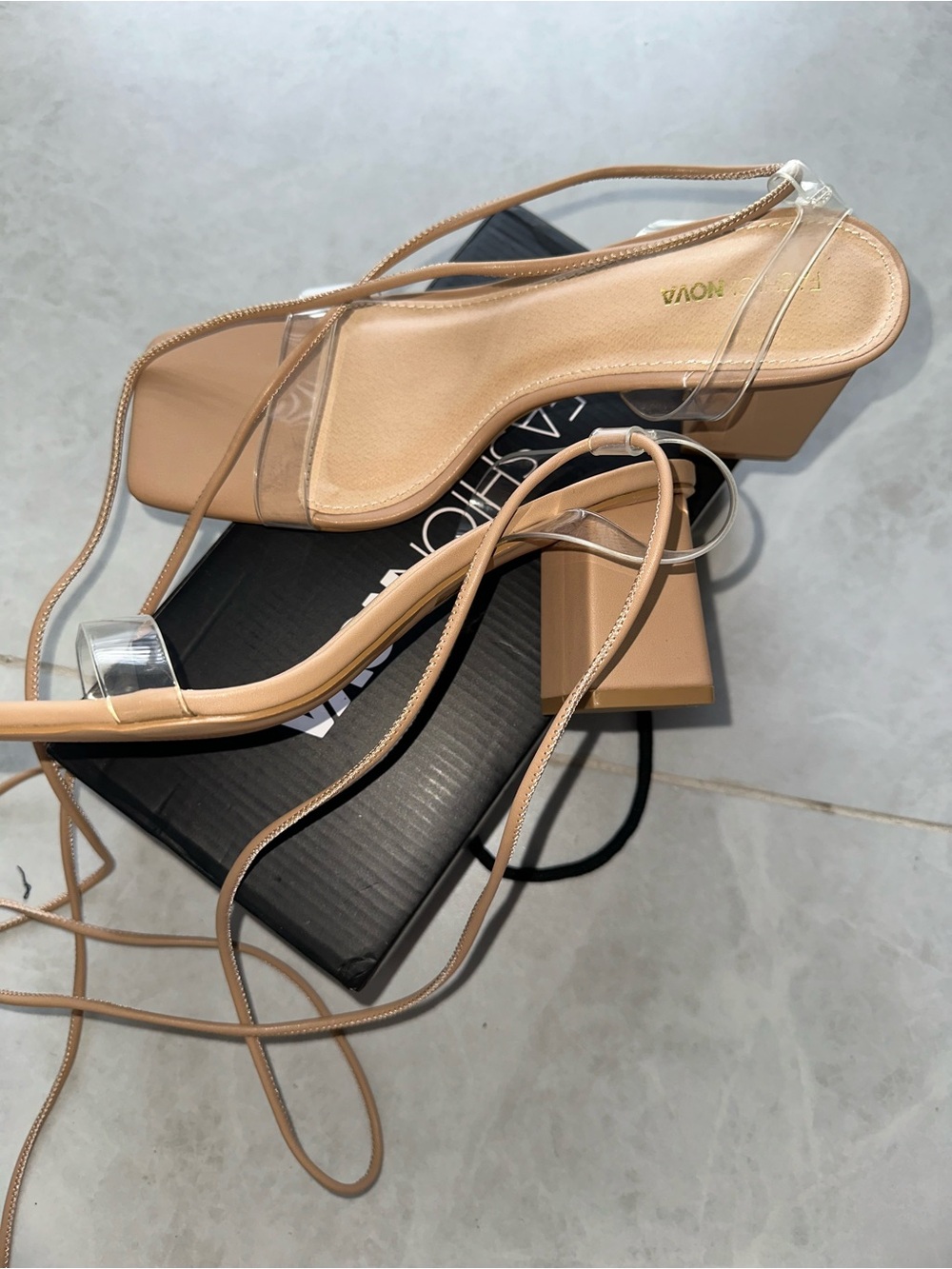 Fashion Nova Nude Clear Lace-Up Block Heel Sandals